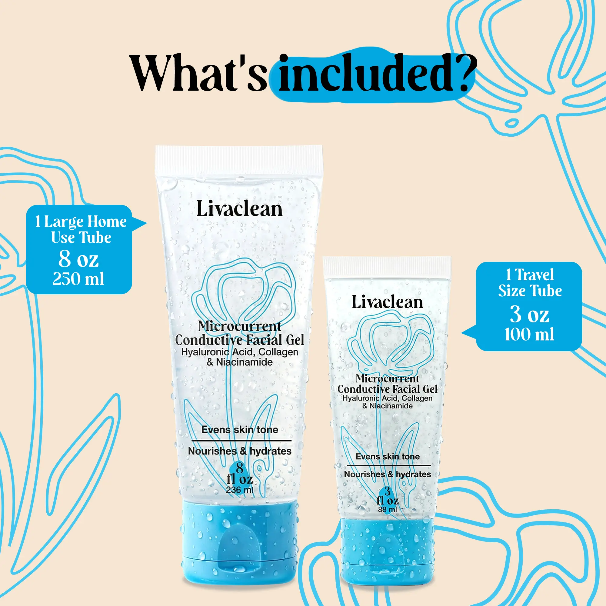 LivaClean Microcurrent Conductive Gel 2 Pack 3 Oz & 8 Oz with Aloe Vera Hyaluronic Acid Blue Tansy & Jojoba Oil for All Skin Types Hydrating Gel for Facial Device Flower Nourishing