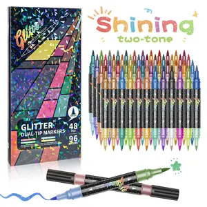 24/48/72/96 Colors Glitter Effect Brush Markers, Glitter Dual-tip Double Colors Shimmer Markers, Sparkly Markers, Art Drawing Supplies, Create Sparkling Art Smoothly, Smooth No Clog, No Bleed Through, for Doodle Writing