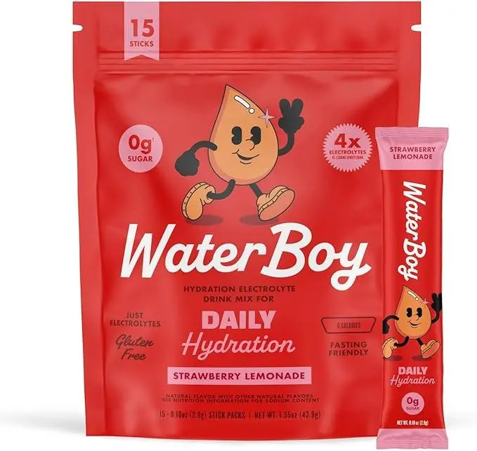 Waterboy Daily Hydration  1,570mg Electrolyte Powder Packets  15 Drink Stick Mixes (Strawberry Lemonade)