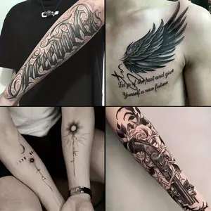 6 Large Herbal Tattoo Stickers, Including Muskets, Sun and Moon, Freedom, Wings, and Other Elements, with 2 Random Styles, Lasting 7-15 Days, Waterproof and Anti-Friction, Realistic Effect, Suitable for Those Who Don't Want Tattoo Pain