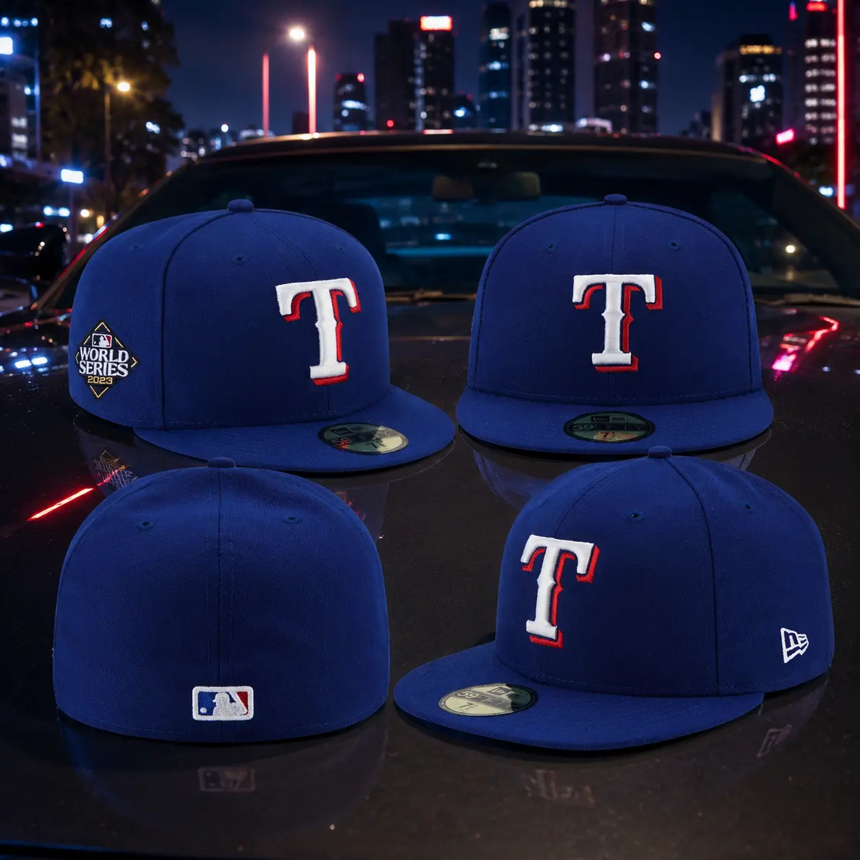 Texas Rangers New Era 59FIFTY Fitted Hat Royal Blue – 2023 World Series Side Patch Flat Brim Baseball Cap