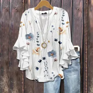 Cherrybetty Elegant Floral Print Ruffle Sleeve Top Womenswear Bohemian Breathable Casual Chic cute tops going tops women's summer outfits cute summer outfit Blouses Flowers Matching light boho flowy plus size shirts blouses for Teachers and Moms Outdoorfu