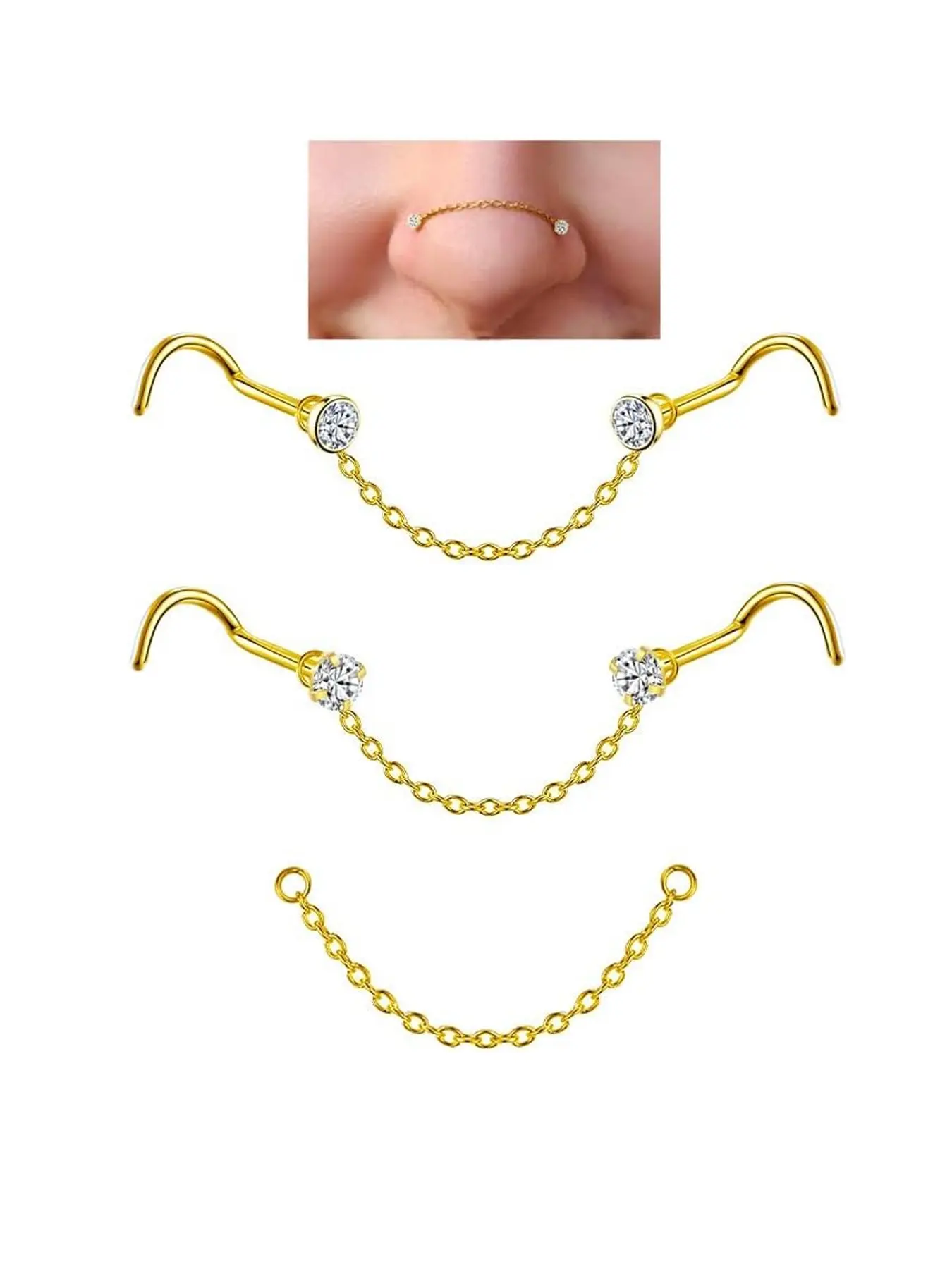 Unisex Rhinestone Nose Ring Chain Ear Studs, 20g Gauge, 45mm 40mm 35mm Chains, Piercing Jewelry for Men Women, Casual Style Accessories, Body Jewelry Accessory, Body Jewellery