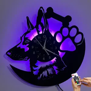 Vintage Handmade Shepherd Dog Vinyl Wall Clock with LED Lights 12 Inch 3D Silent Retro Home Decor Ideal Gift for Dog Lovers (Battery Not Included)
