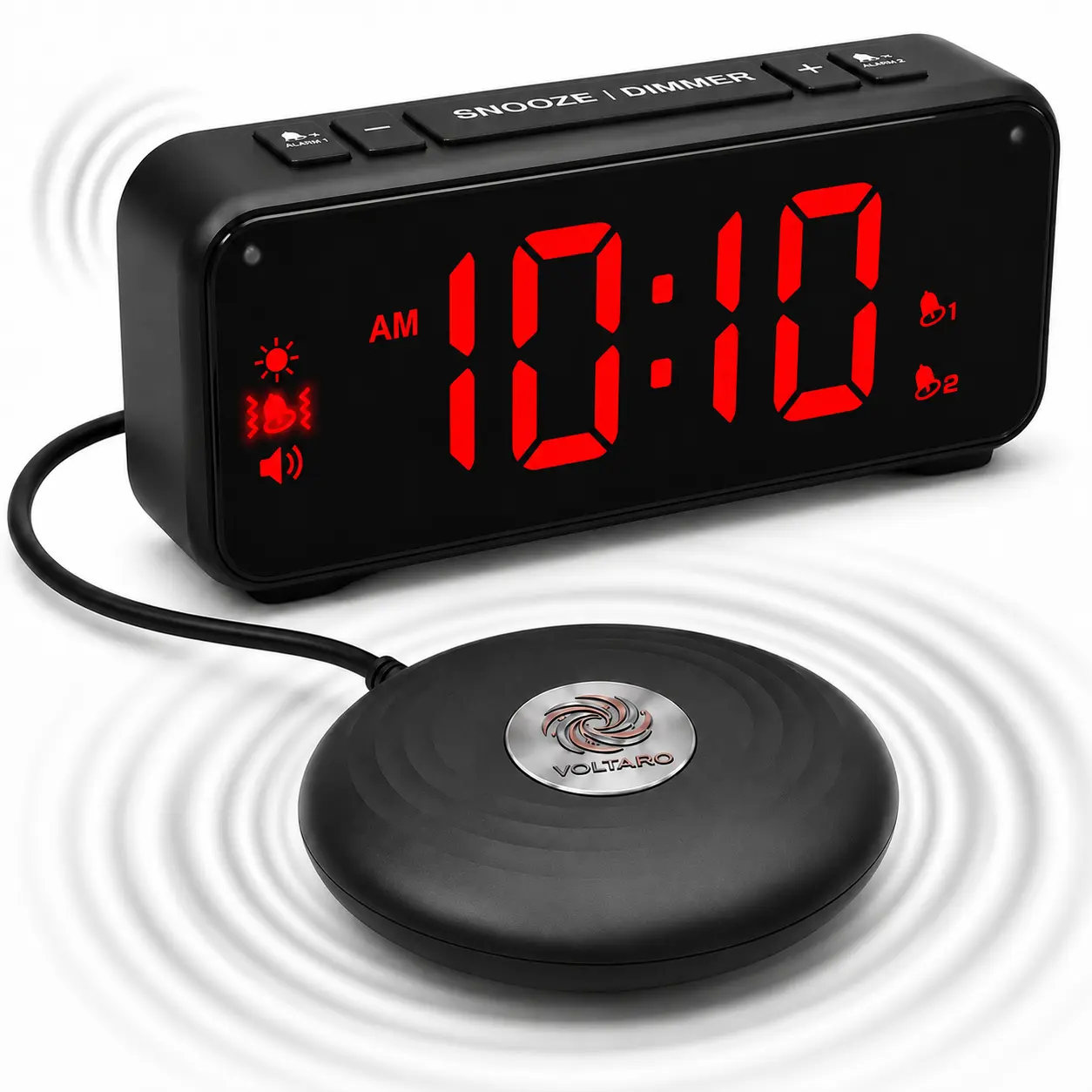 VOLTARO Vibrating Bed Shaker Alarm Clock for Heavy Sleepers, Deaf & Hard of Hearing - Extra Loud 90dB+ (110dB Bedside), Flashing Light, Dual Alarm, 3 Volume Levels, 3 Vibration Levels, Full-Off Display, USB Charging