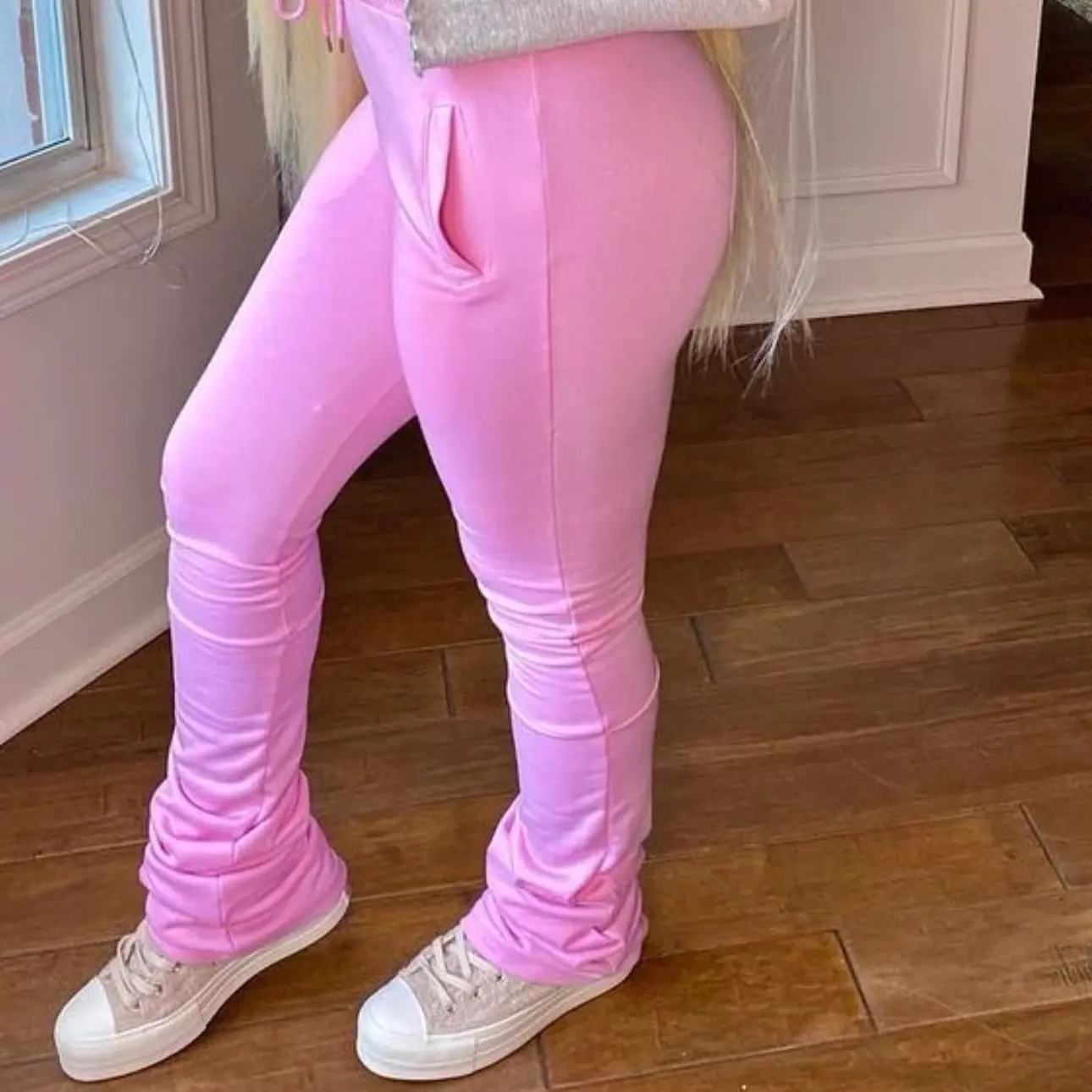 Women's Pink Stacked Sports Sweatpants - Stretchy, Comfortable Fitted Warm Material, Stylish Casual Activewear Bottom