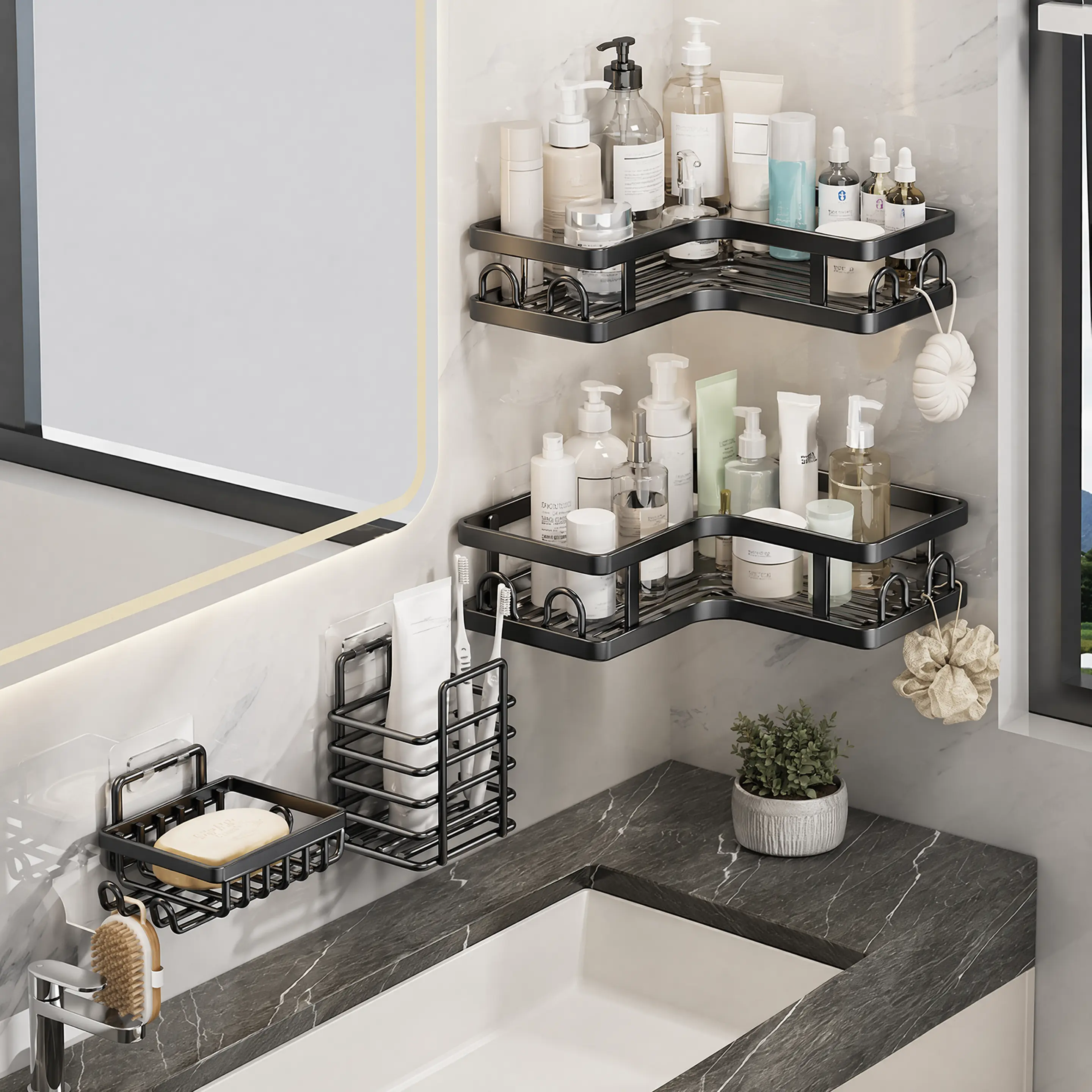4-Pack Adhesive Bathroom Organizer Racks - No-Drilling Rustproof Adhesive Shower Caddy, Durable Shower Organizer for Modern Bathroom Accessory Storage, Easy Maintenance for Laundry Rooms (Home Supplies)