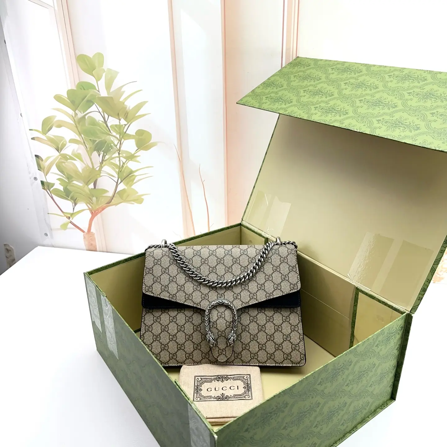 Pre-owned GUCCI Beige GG Supreme Canvas Dionysus Mini Chain Shoulder Bag 0803 raye 23810374