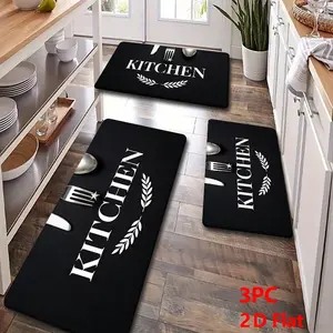 2/3pcs Soft Flannel Kitchen Mat Set, Non-Slip Absorbent, Vintage French Style, Ideal for Bathroom Laundry Hallway,Black
