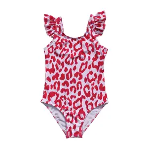 S0155-Fashion Girls Quick Dry Leopard Print Red and White One-Piece Swimsuit