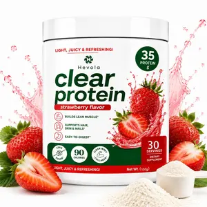 Whey protein isolate, containing collagen peptides anddigestive enzymes, 35 grams of protein, sugar-free post-workout drink powder, 90 calories, strawberry peachflavor.
