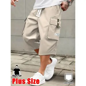 Men's Plus Size Lightweight Cargo Pants – Breathable Summer Fabric, Drawstring Elastic Waist, Large Deep Pockets with Decorative Letter Patch, Regular Fit for Outdoor & Casual – True to Size, Fade-Resistant, Big & Tall
