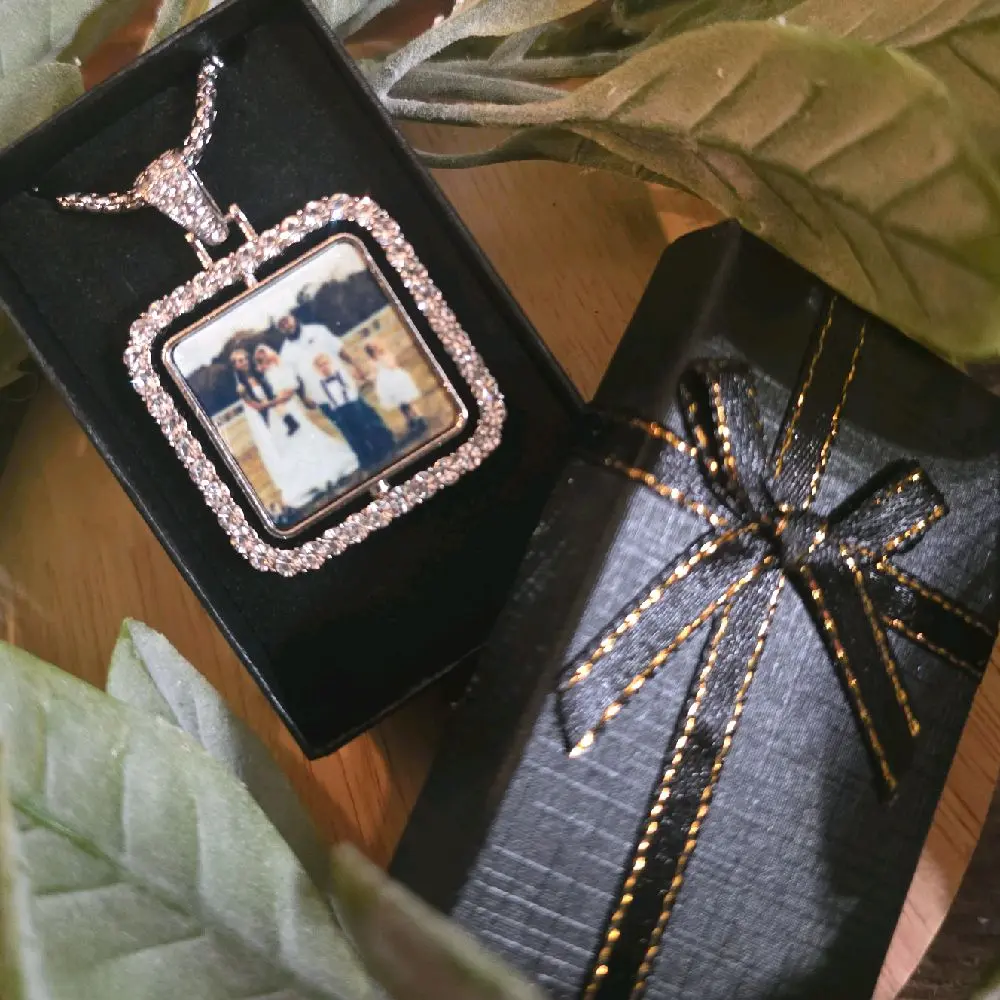 Double Sided Custom Photo Necklace with Elegant Rhinestone Frame and Gift Box Packaging