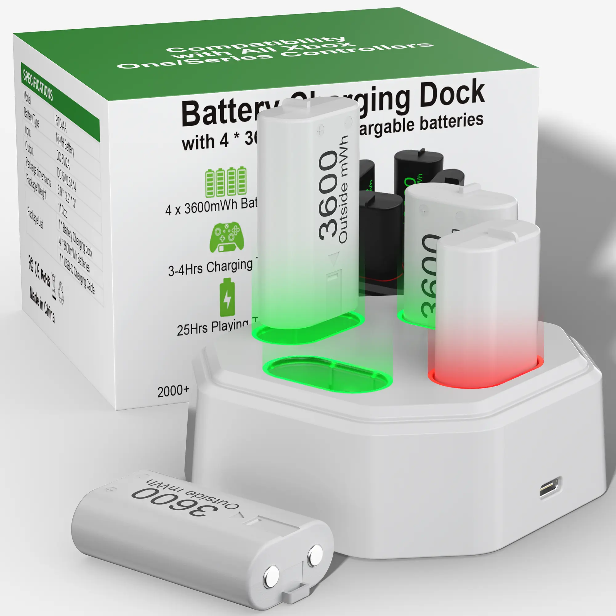 Xbox Controller Rechargeable Batteries (4x3600mAh) with USB-C Fastcharge Dock, LED Glow, Overheat Protection, High-Capacity Long-Lasting Accessories for Xbox 1/Elite Series X-S Gaming Consoles, Full Kit
