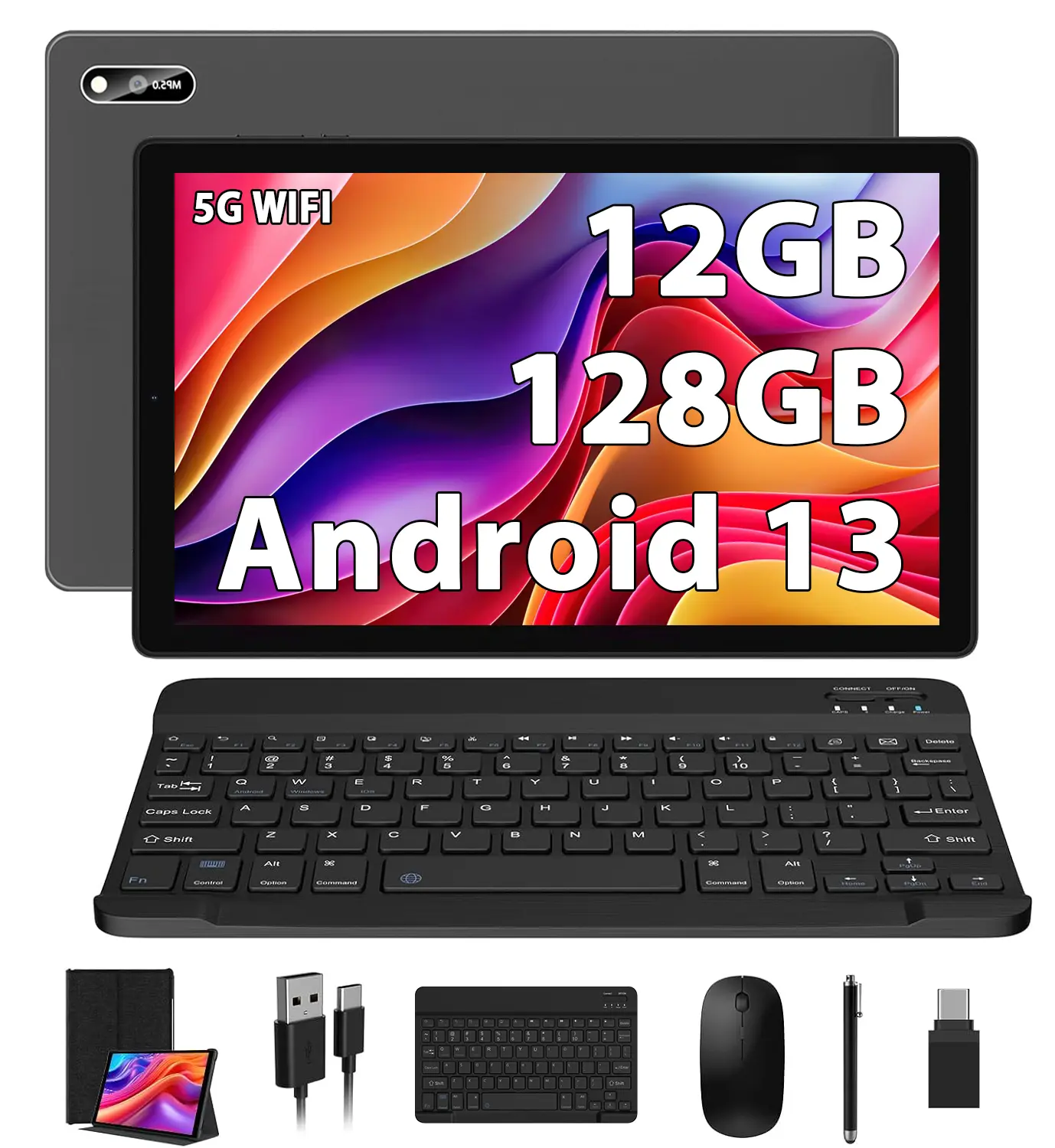 10.1-inch Android 13 Tablet Bundle, 6GB Native RAM (Supporting 12GB Expand) + 128GB ROM, Quad-Core Processor, 8000mAh Battery, Dual-Band WiFi, BT 5.0, Dual Cameras, Keyboard, Mouse, Stylus & Protective Case Included, WiFi-Only Tablet PC for Work, Study