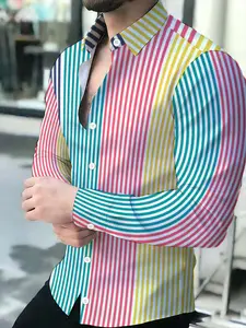 Men's Colorful Stripe Long Sleeve Shirt, Trendy Spliced Design, Business Casual Style, Fashion Printed Top, Multi-color Mixed Shirt
