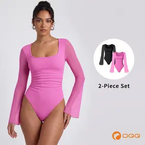 OQQ-Nine cents Women's Square Neck Body Suit Sheer Mesh Flared Long Sleeve Bodysuit Shirt Tops Womenswear Stretchy Fabric Shapewear Basic Slim