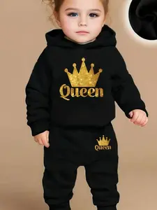 Spring Autumn Baby Girls Cartoon Print Fleece Hoodie and Pants Set, Casual Two-Piece, Hooded Design, Soft, Warm and Cozy, Perfect for Toddlers, Fashion Bottoms