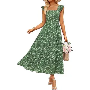 ZESICA Women's Summer Boho Floral Midi Dress 2026 Casual Ruffle Cap Sleeve Beach Wedding Guest Flowy Tiered Long Dresses
