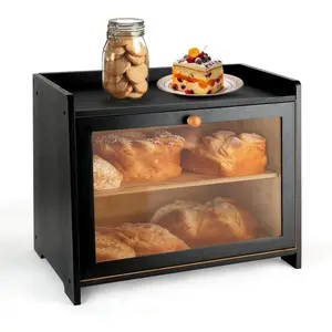 Double Layer Black Bamboo Bread Box for Kitchen Countertop with Acrylic Window Large Capacity Storage Container Farmhouse Bread Organizer Bin with Cutting Board for Cabinet Pantry Cupboard Rustic Wood