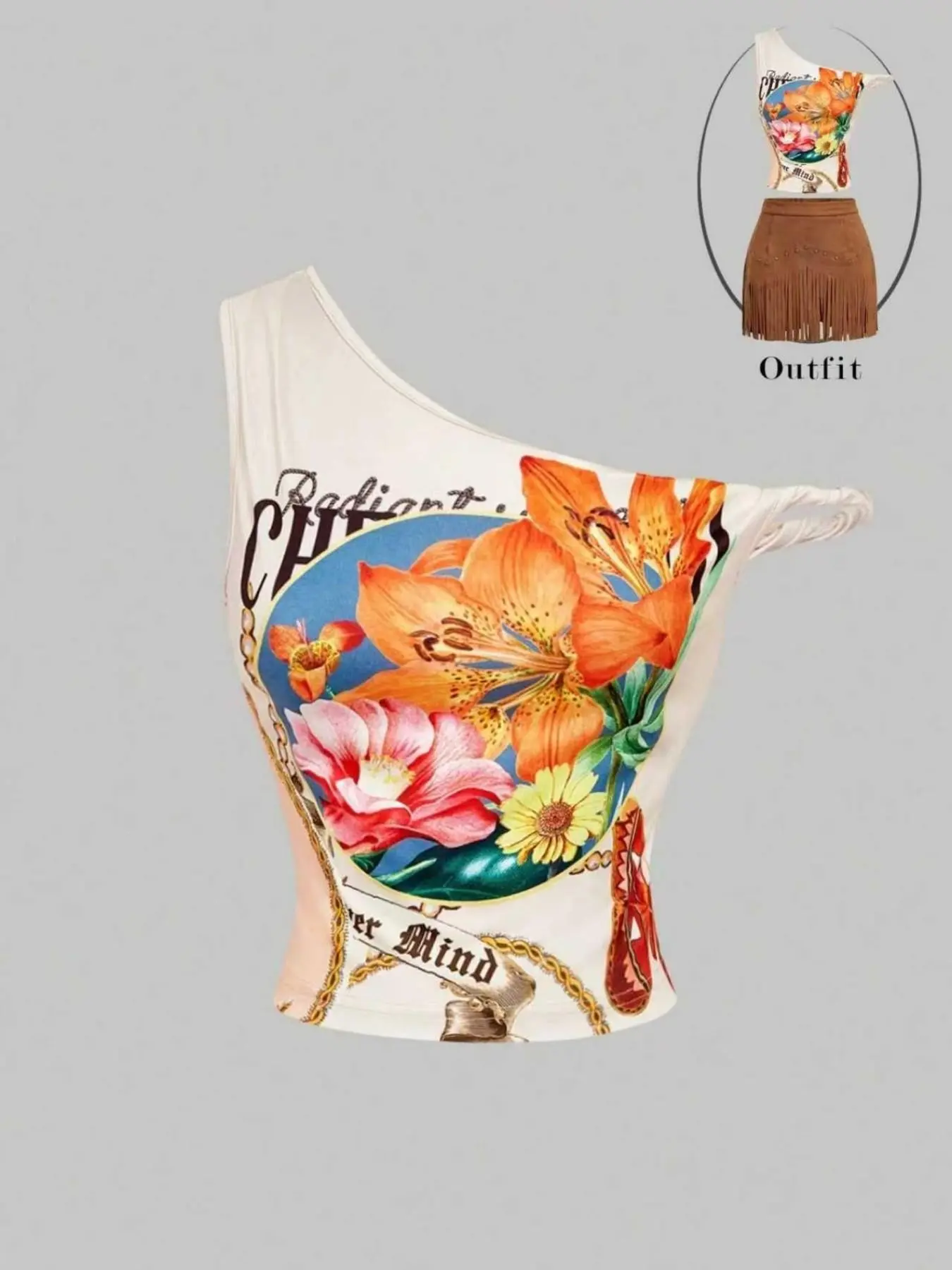 Floral One Shoulder Crop Top Vintage Vacation Style Casual Chic Sleeveless Graphic Floral Print Asymmetrical Cut for Women Beach Trips Brunch Dates Asymmetrical Sleeveless Design