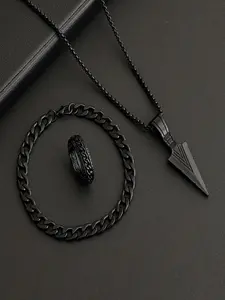 Men's Stainless Steel Robust Material Punk Style Jewelry Set, Geometric Arrow Pendant Necklace Bracelet Ring, Unique Cuban Chain Design, Perfect Gift