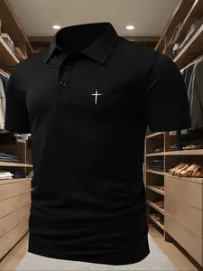 Men's Summer Short Polo Shirt, Small Icon Cross Graphic Pattern Print, Comfortable Fabric for Daily Wear, Perfect Versatile Casual Shirt