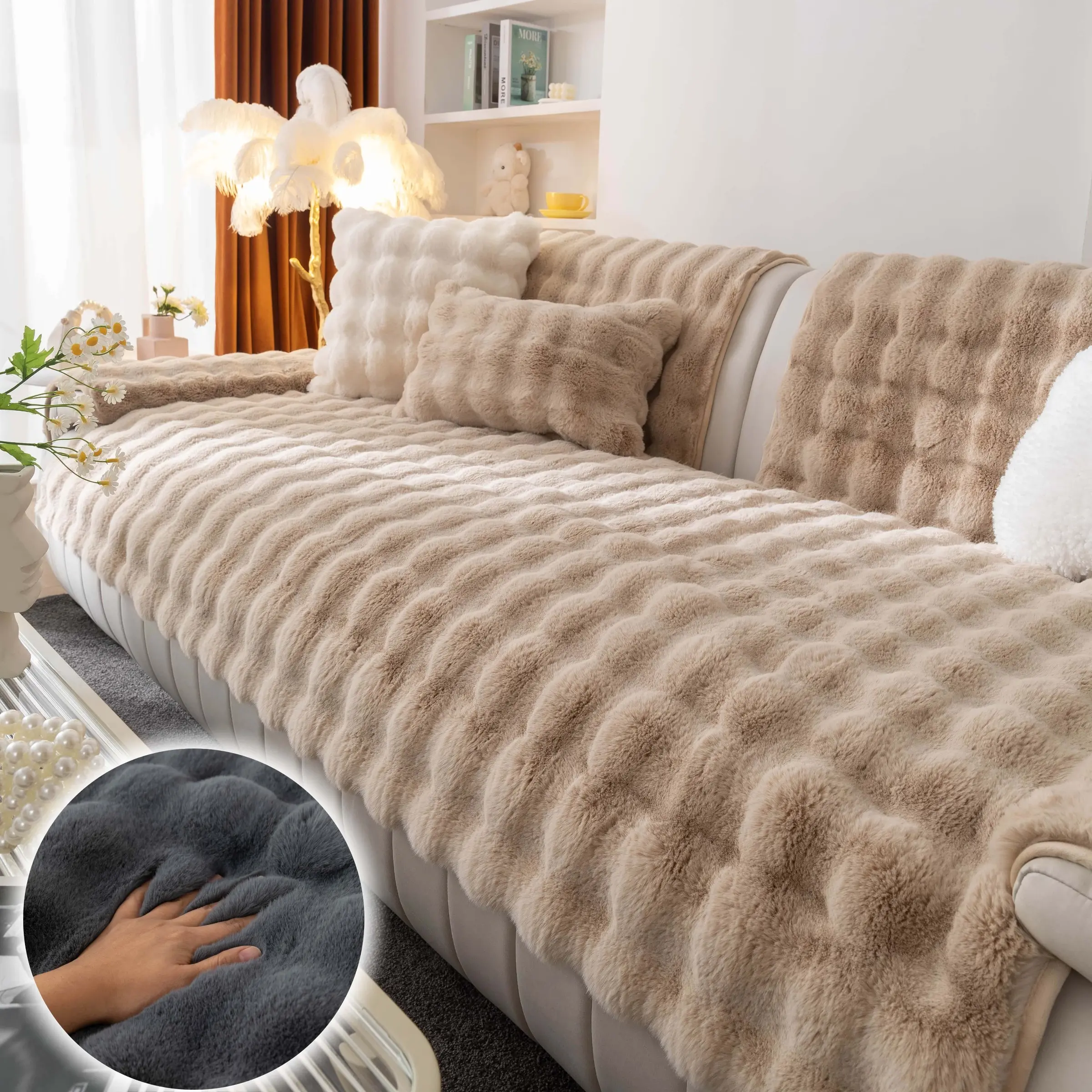 Solid colour Plush sofa cover , 1 PC Pet-Friendly  Sofa Pad, Washable Thick Soft Velvet Slipcover, Anti-Scratch Non-Slip Couch Cover，for Living Room Décor, for Sectional, Loveseat, 2/3/4-Seater Sofa,  for Dogs & Cats.