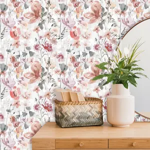 Wild Flowers Peel & Stick Wallpaper - Pastel Seamless Pattern - Ideal for Hotel, Restaurant, and Home Decor - Nature Spring inspired