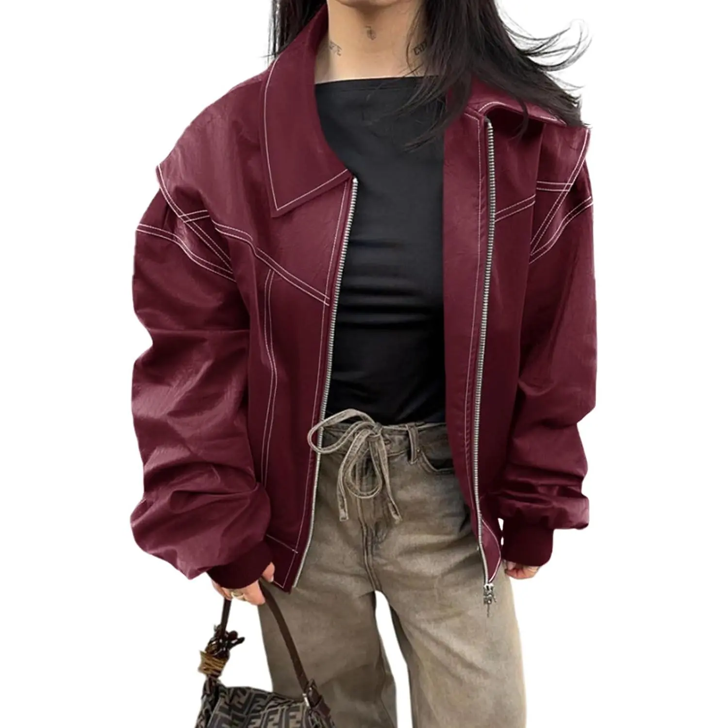 Lannew Womens Oversized Leather Bomber Jackets Cap Sleeve Zip Up Motorcycle Coats with Pockets