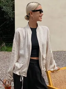 A women's fashion lazy-chic beige lapel short jacket, a loose and breathable drawstring cardigan suitable for spring and summer, perfect for commuting, casual gatherings, and sun protection layering in various occasions Long Sleeve Womenswear