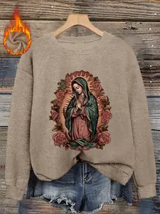 Women's Casual Fitted Round Neck Sweater Top, Floral Virgin Mary Print, Comfortable Fall & Winter Fashion, Ladies' Stylish Knitwear