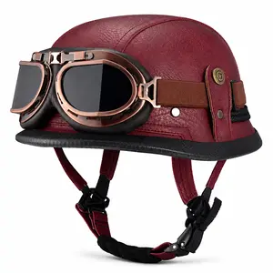 Quickool Moto DOT Burgundy German Leather Helmet Free Goggles Bandana Retro Low Profile Cruiser Chopper Scooter Unisex
