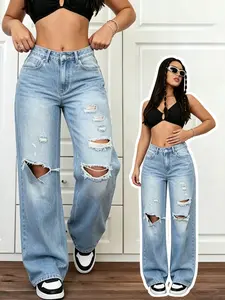 Women's Ripped Denim Jeans, Fashion Casual High-Waisted Non-Elastic Raw Wash Blue Button Jeans, Perfect for Summer, Daily Wear & Versatile Bottoms