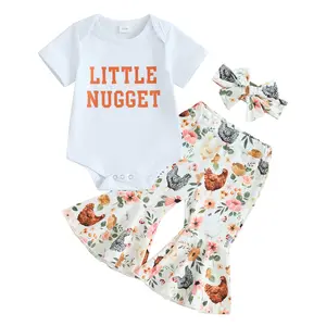 Newborn Baby Girl Farm Outfits Letter Print Short Sleeve Romper Chicken Flared Pants Headband 3Pcs Outfits Sets