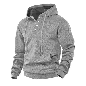 Men’s Jacquard Button Hoodie - Spring American Retro Solid Color, Loose Versatile Casual Top