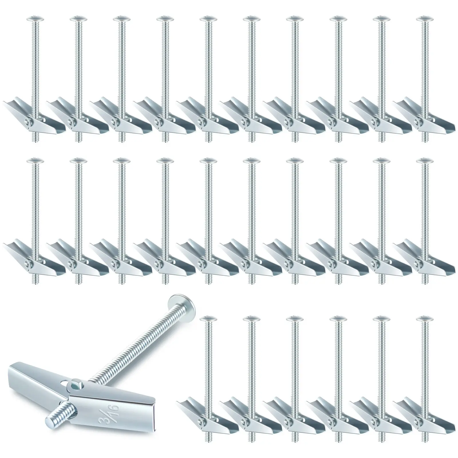 100pcs 3/16 X 3 Toggle Bolts Butterfly Screws Anchors | Heavy Duty Wall Anchors For Drywall With Wing Nuts, Fully Threaded, Flat Head, Galvanized End, Six-Lobe Drive, Carbon Steel Material