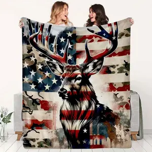 1pc American Flag Camo Deer Camouflage Blanket - Soft Flannel All-Season Warm Bedspread, Camo Deer & Flag Pattern Bed Cover for Sofa or Bed, Cozy Home Decor Gift for s &, -Themed Room Accent