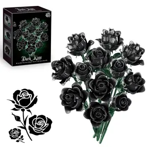 Black Flowers Bouquet Building Block Sets, Rich Colours and Silky Feel, Botanical Collection, Artificial Plant, Christmas Birthday Valentines Day Gift