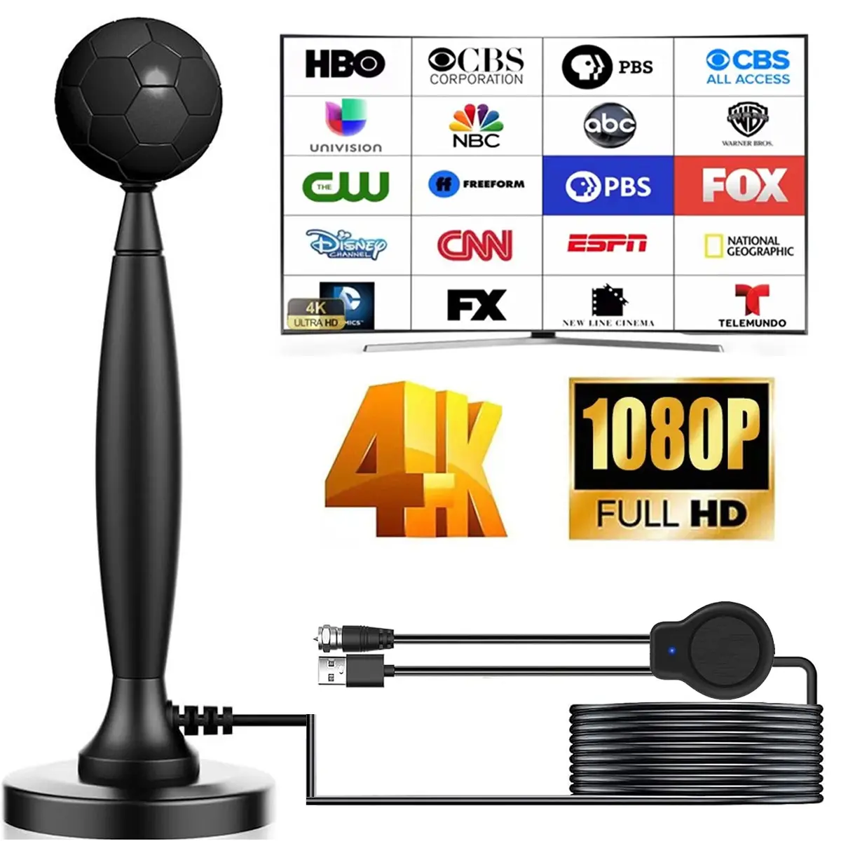 Amplified HD Digital TV Antenna for Smart TV, 360° Reception Up to 250+ Miles Range, Spherical Design with Magnetic Base for Local Channels, 4K 1080P Clear Picture Easy Install, Digital Signal Antenna
