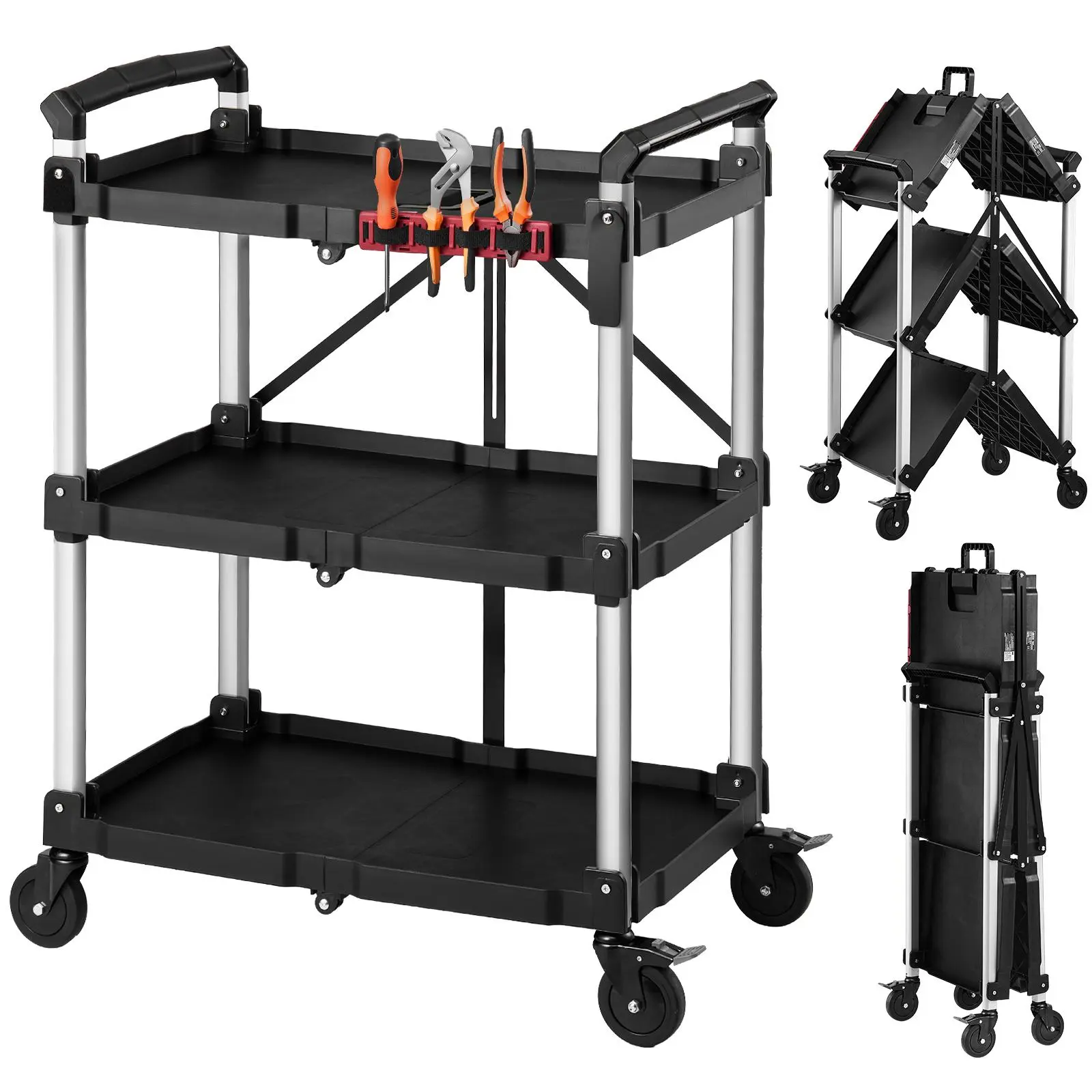 VEVOR Multifunctional Collapsible Portable Utility Cart Organizer, 300 lbs Capacity 3-Tier Rolling Cart with 360° Swivel Locking Castors (2 with Brakes), Tray System, Side Tool Holder, Racks for Garage Repairs, Light Commercial Settings Mobile Storage, Fi