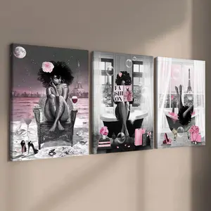 3-count wooden frame canvas, light luxury and fashionable lady art poster, Parisian urban lady decoration, romantic theme decoration, modern family poster, fashionable living room decoration, suitable for corridor, room and bedroom walls, waterproof art