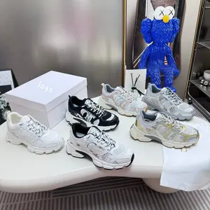 Women's chunky sneakers with mesh upper, lace-up design, versatile casual athletic shoes, stylish CD color blocking, durable single shoes.