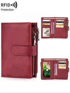 Women's Retro Double Zipper RFID Protection Wallet, Versatile Coin Purse, Foldable PU Leather Credit Card Holder, Large Capacity Multiple Card Slots Wallet, Anti Theft Wallet