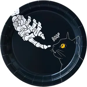 24 Pcs Halloween Paper Plates, Skull Cat Halloween Party Plates Halloween Plates Disposable Halloween Dessert Plates, Halloween Dinner Plates Halloween Birthday Cake Plates Party Tableware