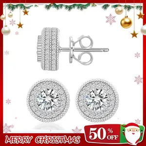 Delzzad Round VVS Synthetic Moissanite Hip Hop Iced Out Halo Stud Earrings Synthetic Moissanite Jewelry Perfect Birthday Anniversary Gift for Women Accessories Men Studearrings