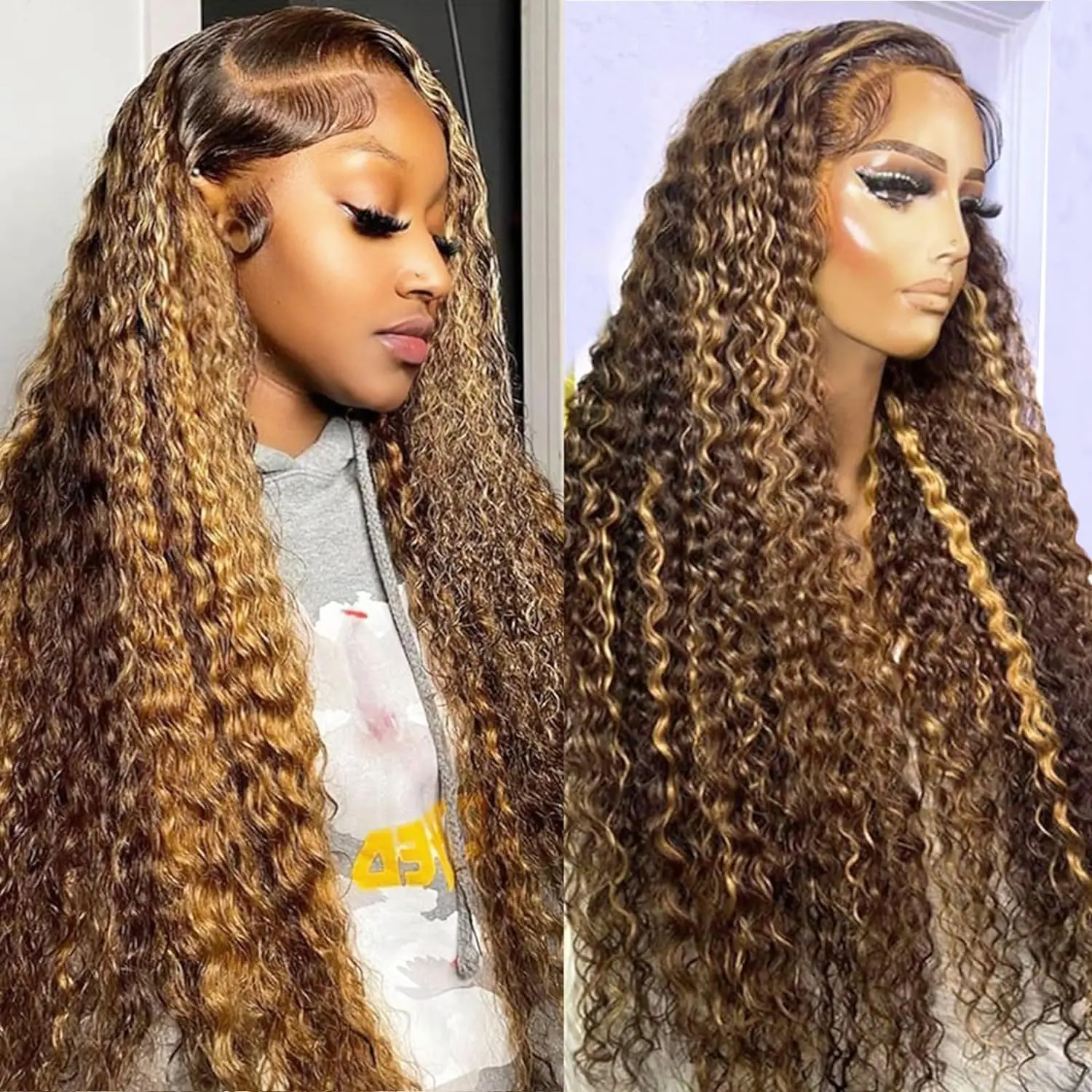 ZLIKE Women's Honey Blonde Human Hair Lace Front Wig - Water Wave, Pre-Plucked, Colored, Transparent Lace, Glueless Design, Lace Glueless Wigs