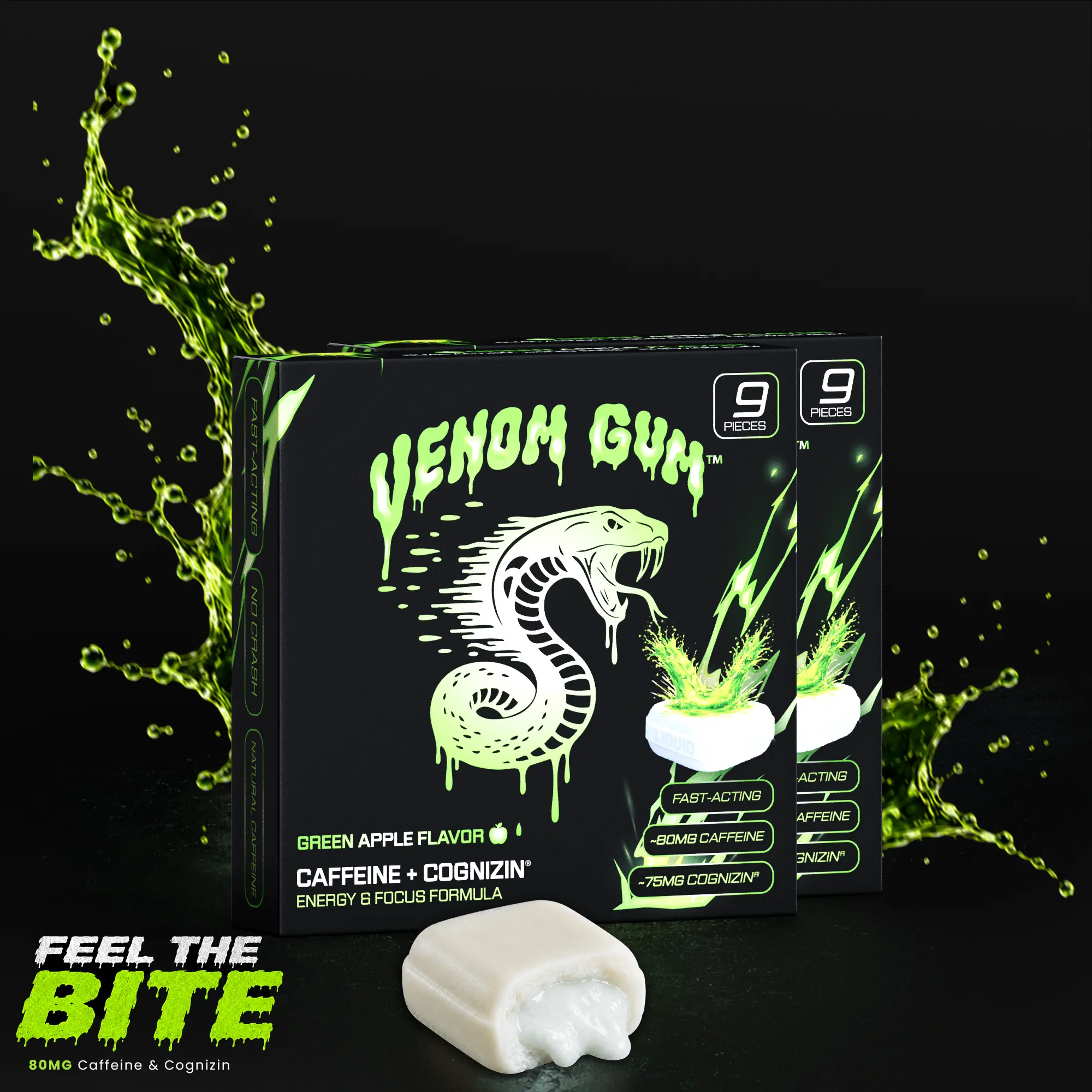 Venom Gum Energy & Focus Nootropic Gum | 80mg Natural Caffeine + Cognizin | Liquid Center | Zero Sugar | No Crash | Green Apple and Mint | 9pcs in each Box