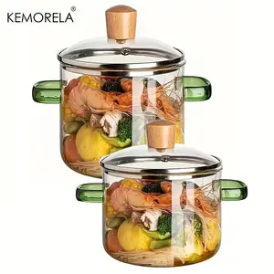KEMORELA 1/2pcs Durable High Borosilicate Glass Kitchen Cookware Set, Transparent Multi-Purpose Pot with Lid and Easy Grip Handle, Electric Stove Compatible, Cooking Pot