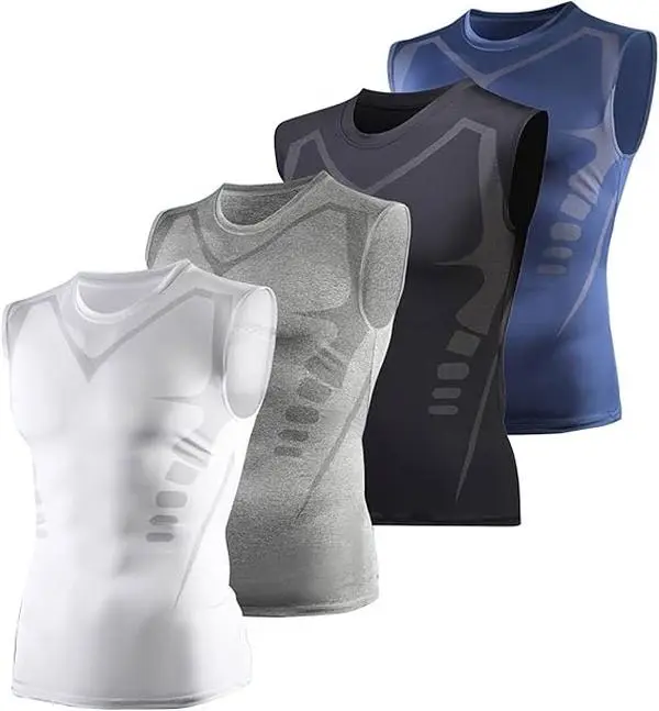 4 Pack Men's Seamless Compression Sleeveless Shirts, Slim Fit Quick Dry Moisture Wicking Tank Tops for Workout Gym Running Hiking Outdoor Sports